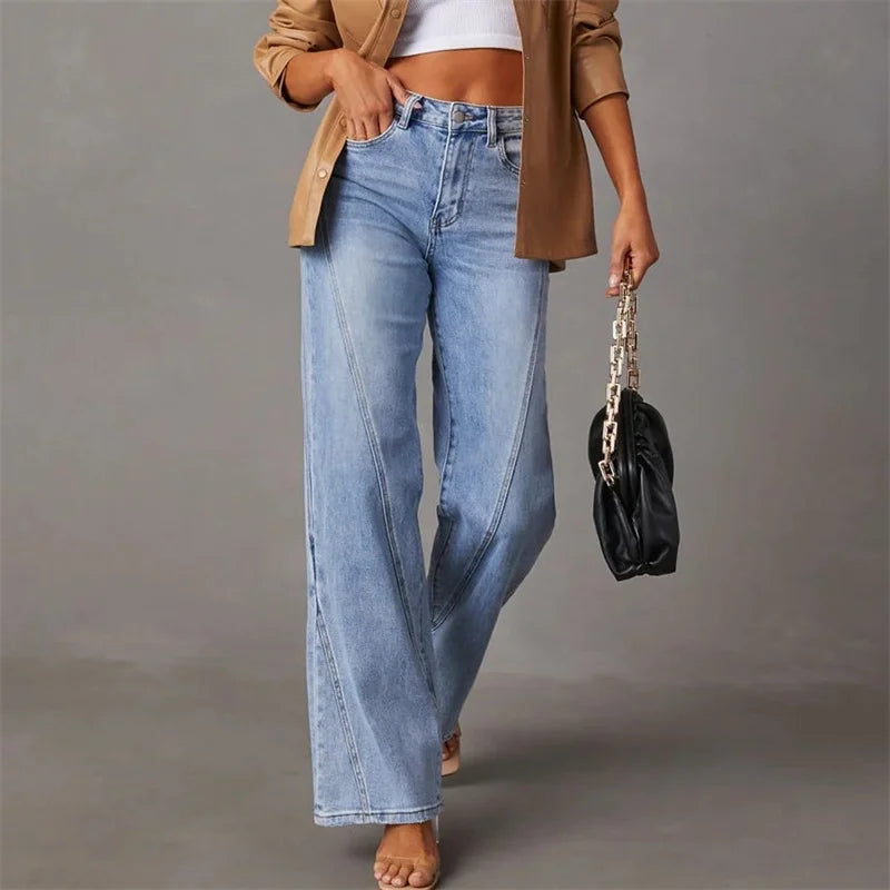 2024 Fashion Patchwork Wide Leg Jeans Women Mid Waist Loose Micro Flared Denim Pants Female Commuter Trousers Casual Streetwear