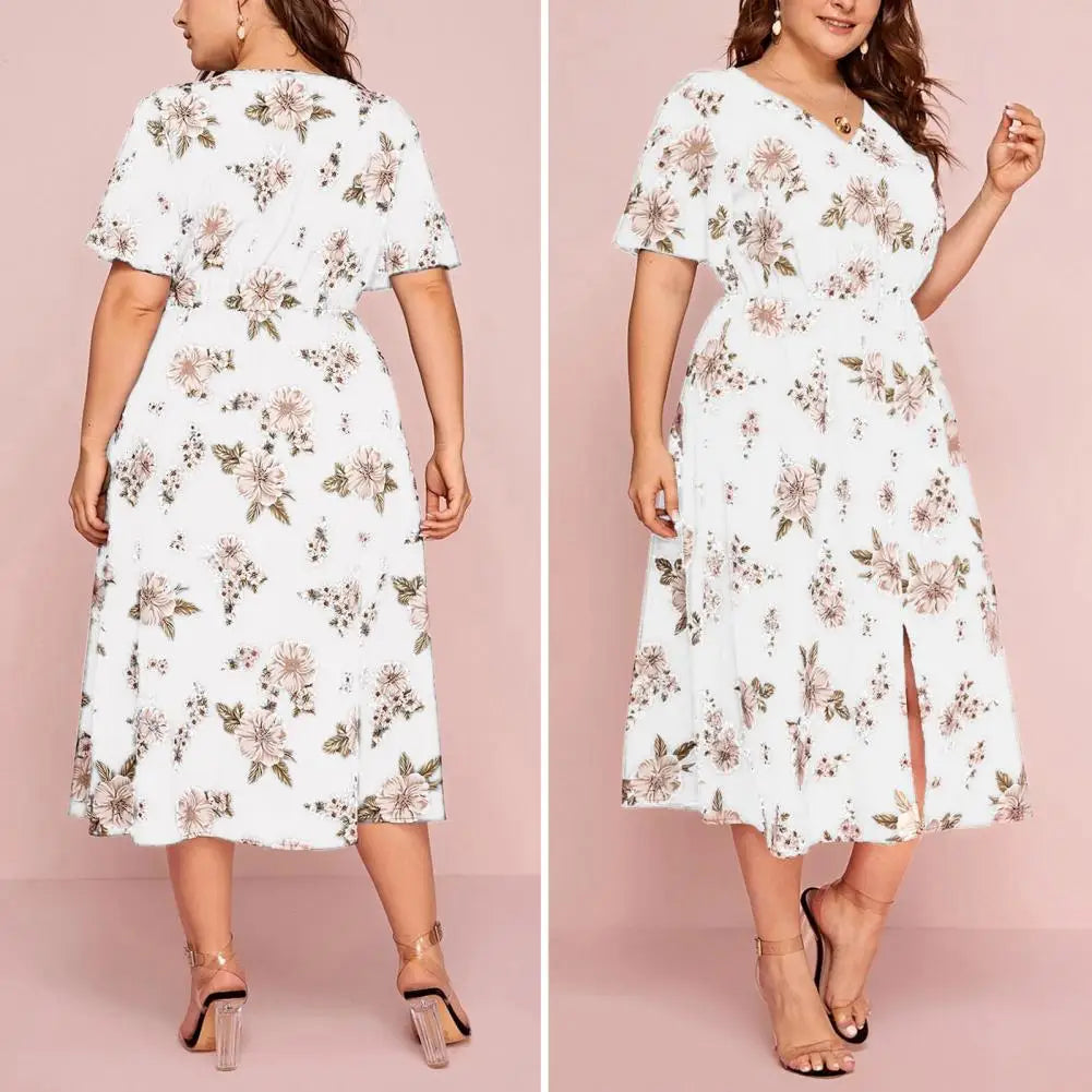 Women Midi Dress Large Hem Lady Summer Dress Short Sleeve V Neck Women Dress Tight Waist Plus Size Lady Dress Female Clothes - Sri sampi