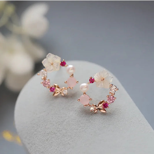 Y2k Pink Crystal Flower Pearl Butterfly Ear Studs Summer New Arrival  Korean Fashion Luxury Hoop Earrings For Women Jewelry Gift