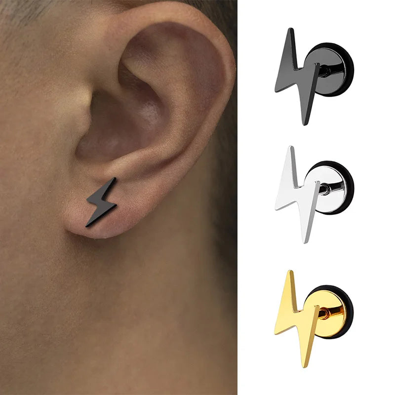 Punk Titanium Lightning Stud Earrings For Men Stainless Steel Round Cake Black Earrings Screw Piercing Jewelry Party Gift