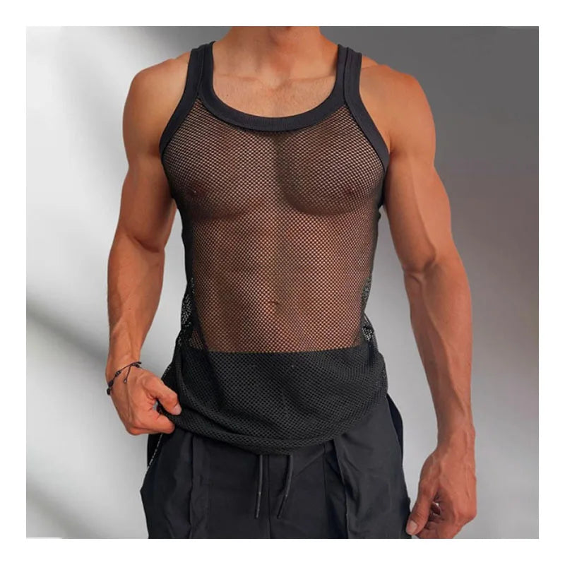 Men's Sexy Mesh Casual Vest Summer Beach Cutout Mesh T-shirt Comfortable Breathable Cool Men's Vest Muscular Men Tight Vest