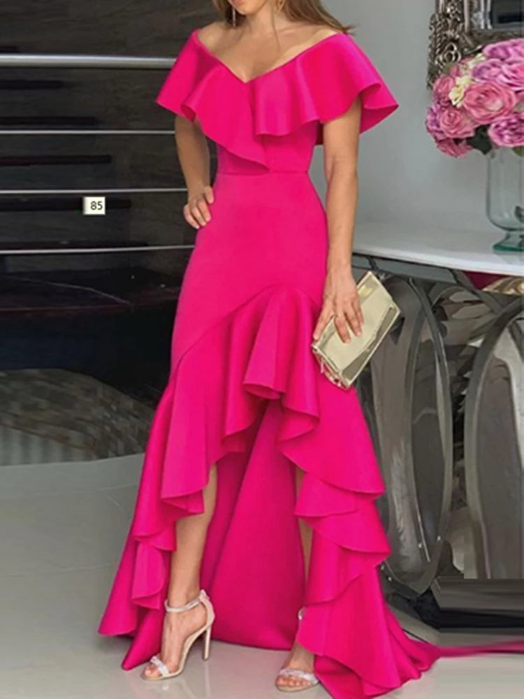 Lady Split Ruffles Vintage Long Evening Party Dress Women Sleeveless Casual V Neck Maxi Dress 2022 A Line Solid Dress Mujer