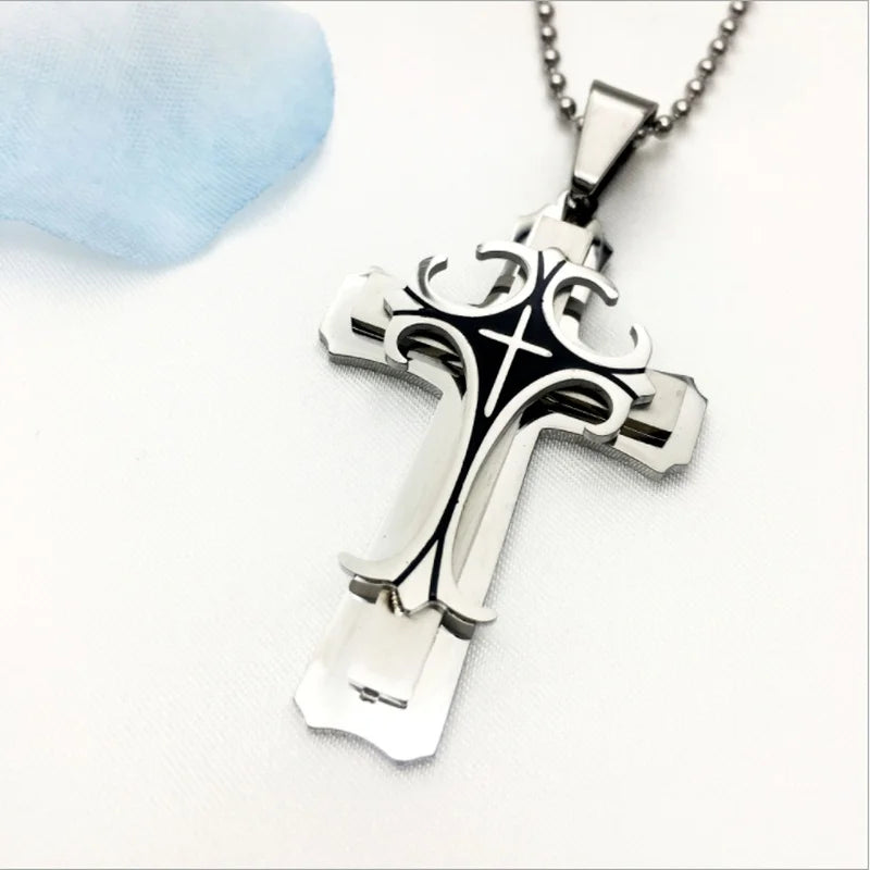 Vintage Mens Jewellery Cross Necklace for Men Christian Totem Relief Amulet Pendant Handsome Stainless Steel Necklace Punk Party