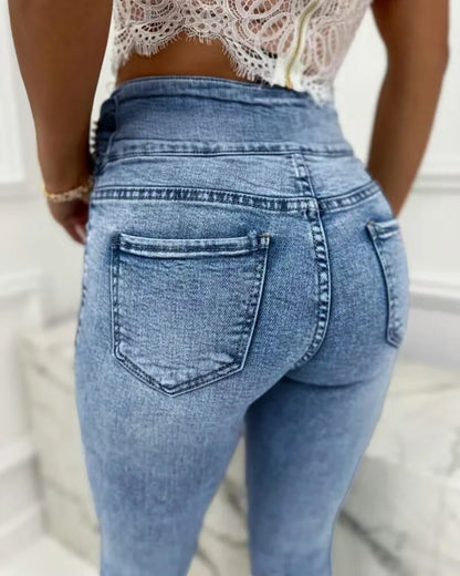 Pearls Decor Buttoned High Waist Skinny Jeans Women New 2023 Summer Spring Slim Ankle Length Pencil Pants Denim Jeans