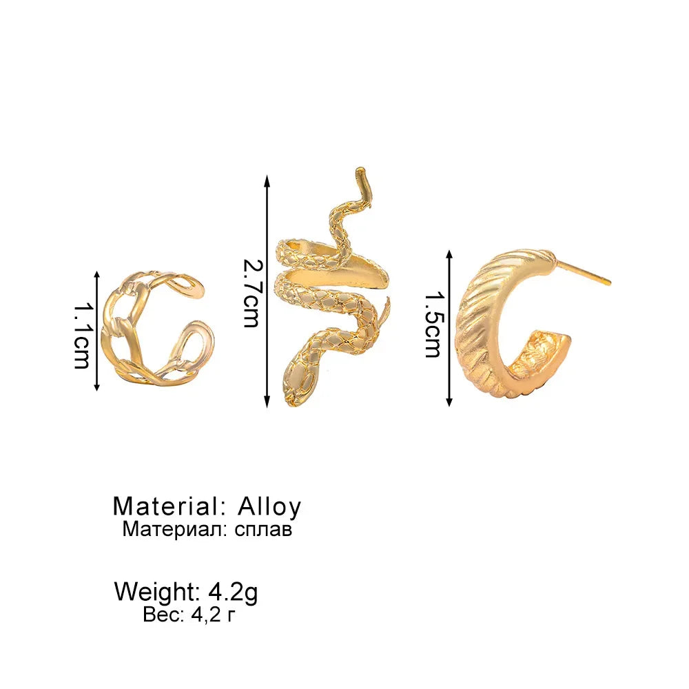 New Personality Gold Color Clip Earrings Fake Piercing Jewelry Set Fashion Lines Snake C-shape Ear Cuffs for Women Party Gift