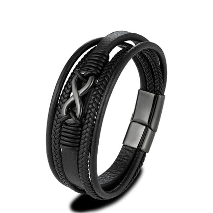 MKENDN Classic Men Infinity Bracelet Woven Multilayer Braided Leather Bracelets For Women Black Stainless Steel Jewelry Gifts