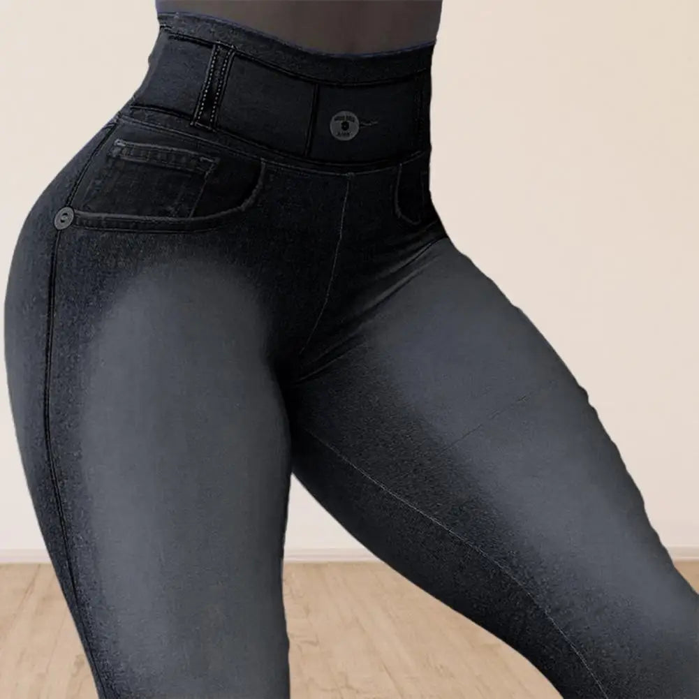 Leggings fitness per sollevamento pesi a vita alta con controllo della pancia Colore sfumato Push Up Imitazione Jeans Pantaloni skinny da yoga per donna Abbigliamento sportivo 