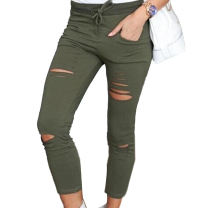 Cotton Spandex  Solid Color Drawstring High Waist Stretchy  Drawstring Pencil Pants Ripped Skinny Leggings woman pants