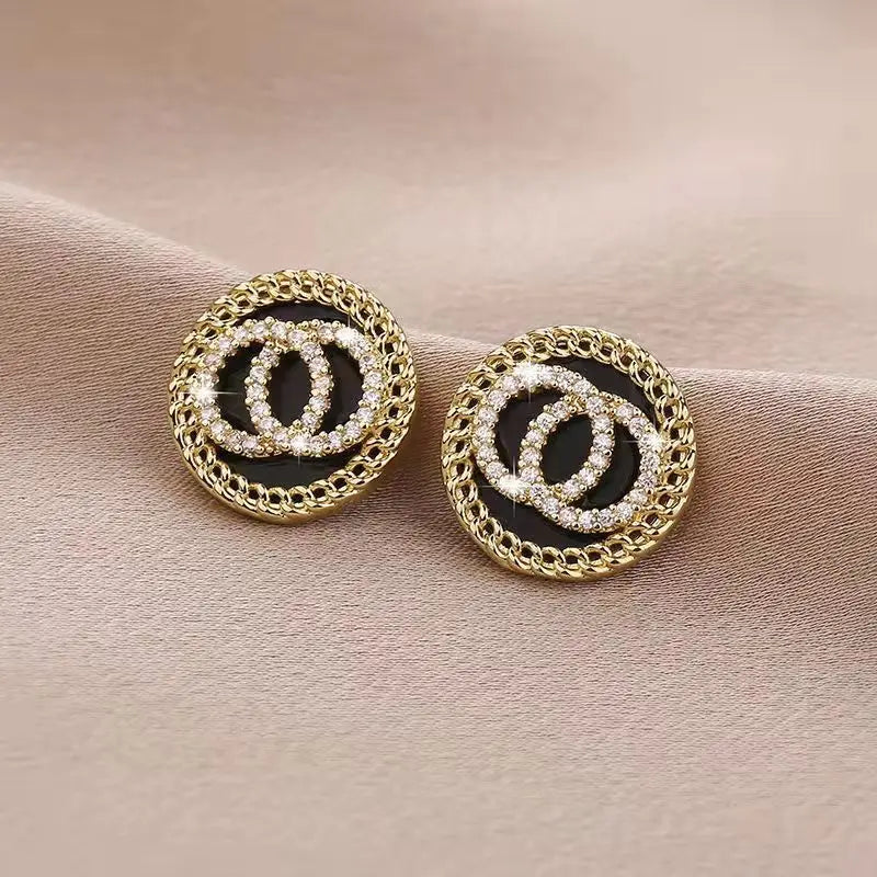 Black Enamel Crystal Double Round Circles Stud Earring for Women Korean Style Sweet Simple Jewelry Brincos Wholesale Girl Gift