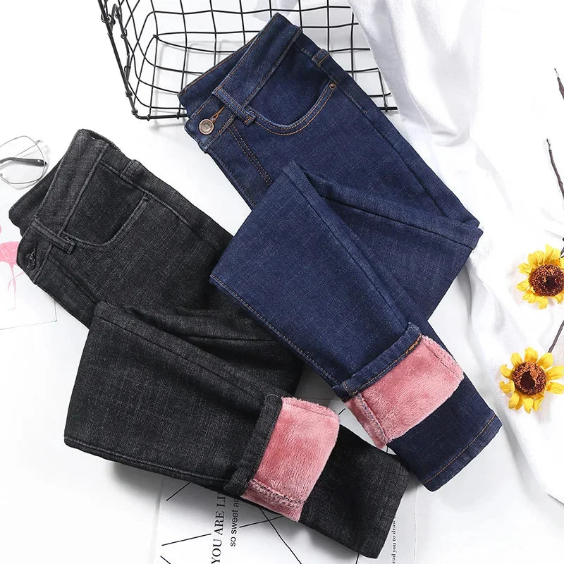 Women Thermal Jeans Winter Snow Warm Plush Stretch Jeans Lady Skinny Thicken Fleece Denim Long Pants Retro Blue Pencil Trousers