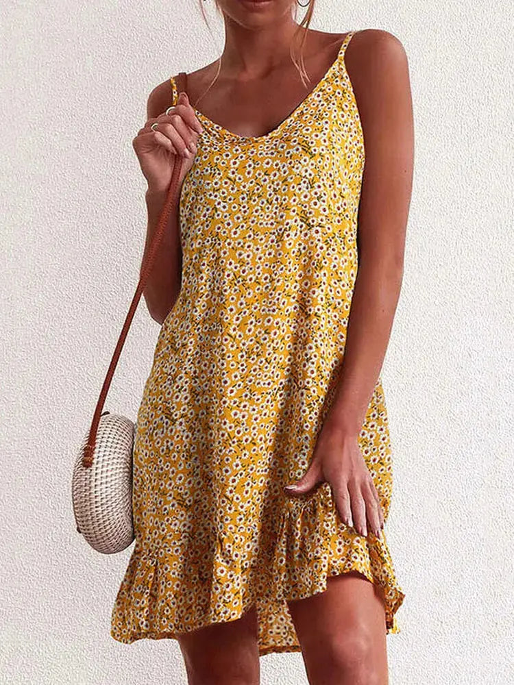 Women's Boho Floral Dress, Backless, Spaghetti Strap, Beach, Sexy, Bohemian, Flower, Short Party Dresses, Summer Sri sampi