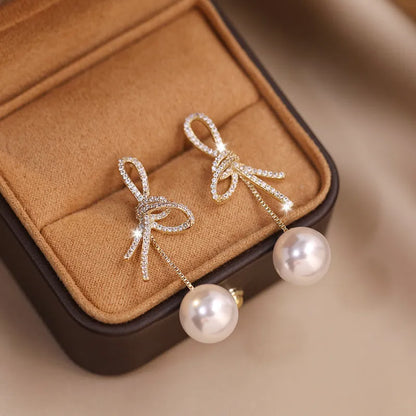 Elegant Micro Zircon Setting Bowknot Pearl Dangle Earring For Women Exquisite Advanced Design Young Girl Gold Color Jewelry N539