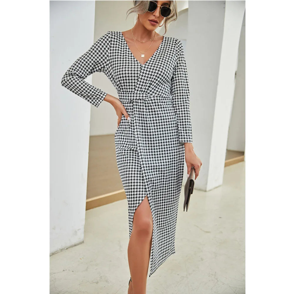 Women Elegant Bodycon Evening Party Long Dresses 2023 Autumn Winter Sexy High Spilt Long Sleeve Office Lady Maxi Dress Vestidos