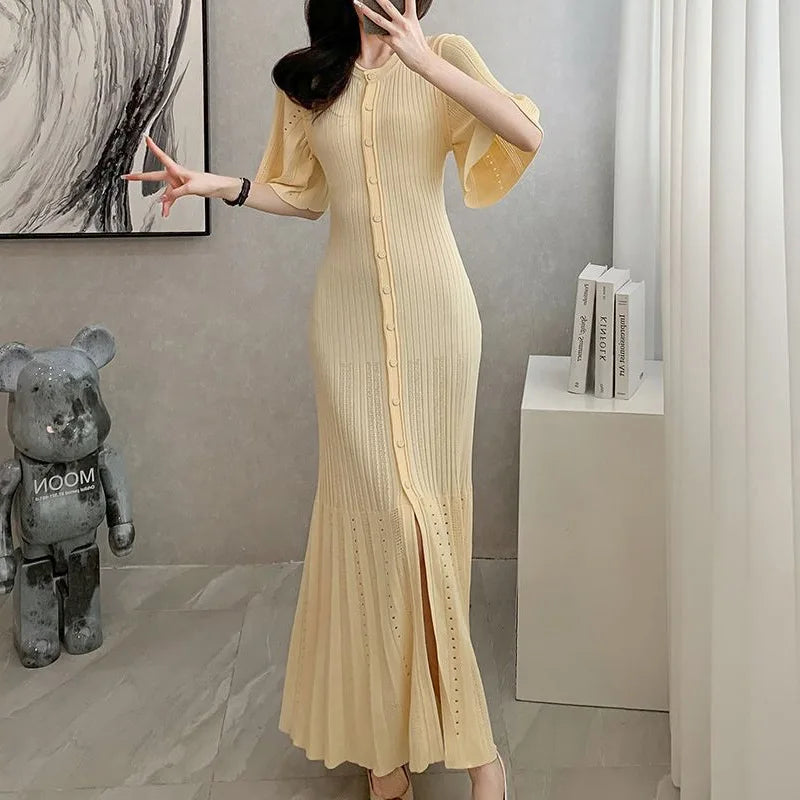 Summer Spring New French Elegant Fragrance High-end Slimming Knitted Mermaid Dress Hollow Slimming Fish Tail Knit Dress