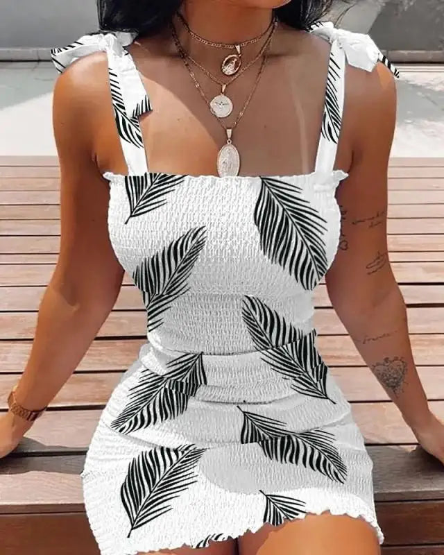 Women Elastic Waist Pleated Dress Summer Sleeveless Off The Shoulder Floral Print Bodycon Party Dresses SZE-1930