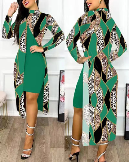 Women's Printed Slit Dress High Neck High Waist Hollow Long Sleeve Fashion Loose Casual Sexy Slit Asymmetrical Office Clothing