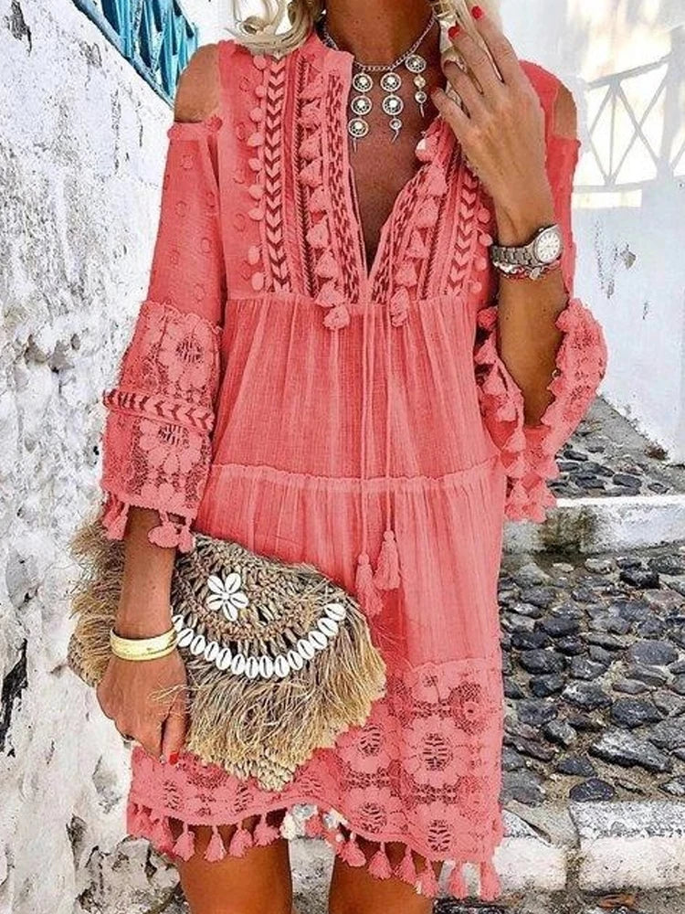 New Spring Embroidery Crochet Lace Boho Dress Women Elegant Off Shoulder Tassel Ruffle Mini Dress Summer V Neck Lady Beach Dress