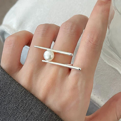 Foxanry New Fashion Silver Color Pearl Rings for Women Couples Creative Simple Geometric Handmade Birthday Party Jewelry Gifts