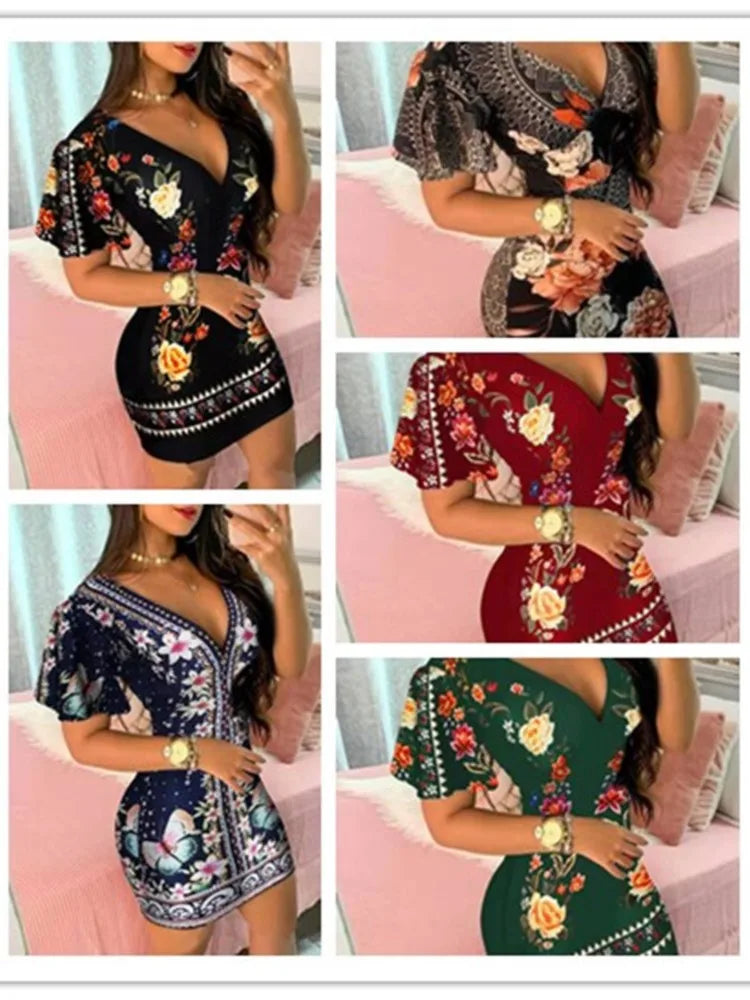 Summer Elegant Floral Print Bodycon Mini Dress Women 2023 Fashion Sexy Deep V-neck Package Hip Dresess Office Lady Party Dress