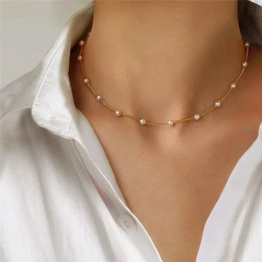 2023 New Beads Neck Chain Kpop Pearl Choker Necklace Gold Color Goth Chocker Jewelry on The Neck Pendant Necklace for Girl Gifts