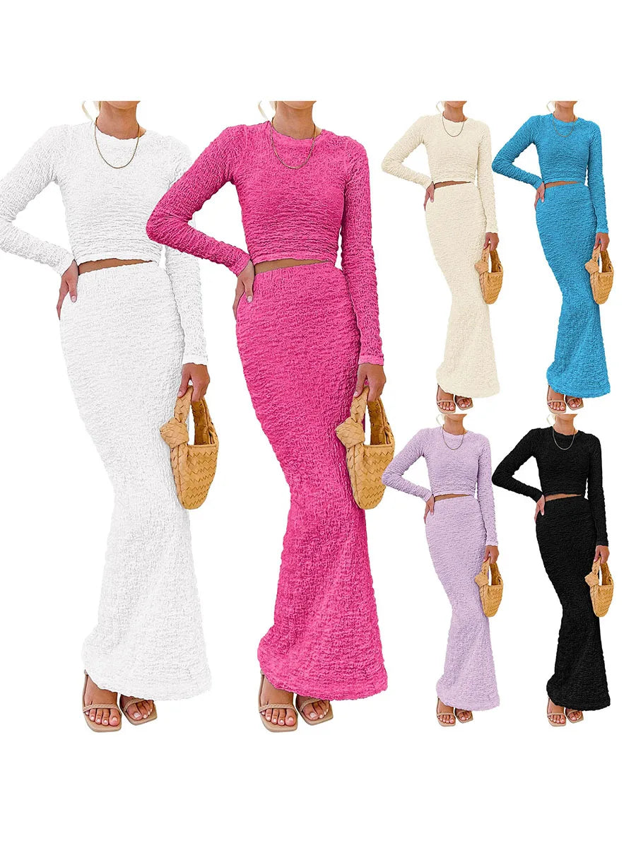 Women Ruched 2 Piece Outfits Maxi Skirts Sets Long Sleeve Crewneck Tight Shirt and Bodycon Long Skirts Fall Y2K Dress Sri sampi