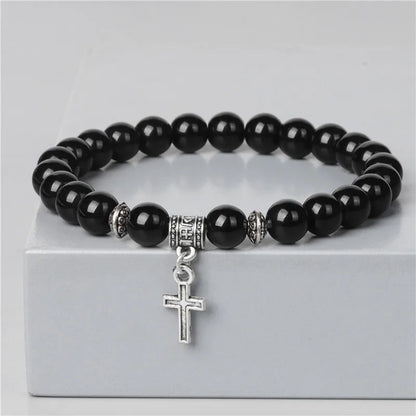 Trendy Men Beads Bracelet Slivers Color Cross Pendant Bracelet Natural Stone Bracelets Charm for Women Healing Prayer Jewelry