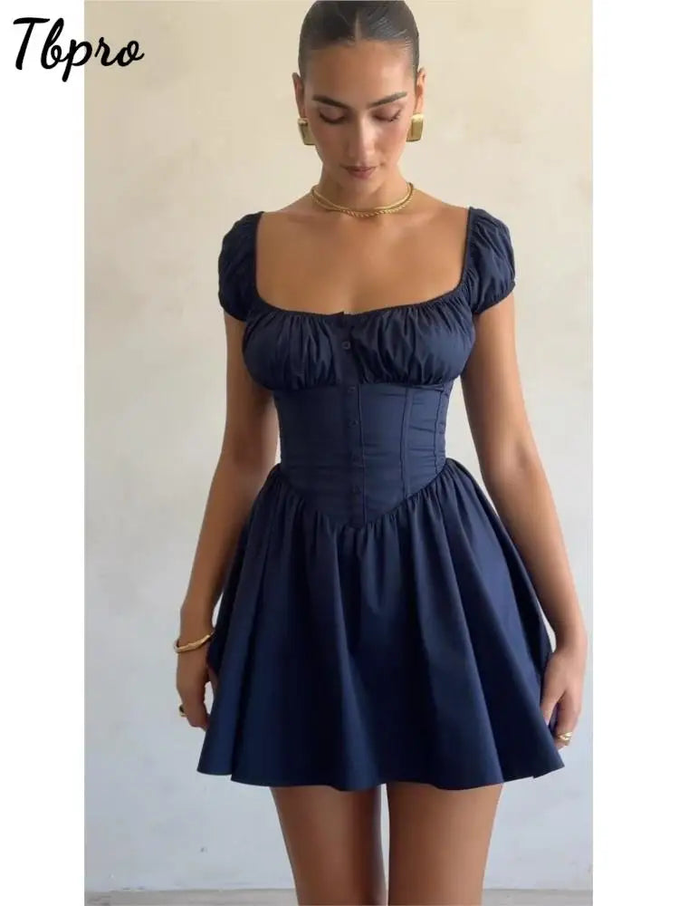 Square Collar Waistband Short Mini Dress Female's Sleeveless High Waist Pleated Gown Mini Vestidos 2023 Christmas Prom Robes