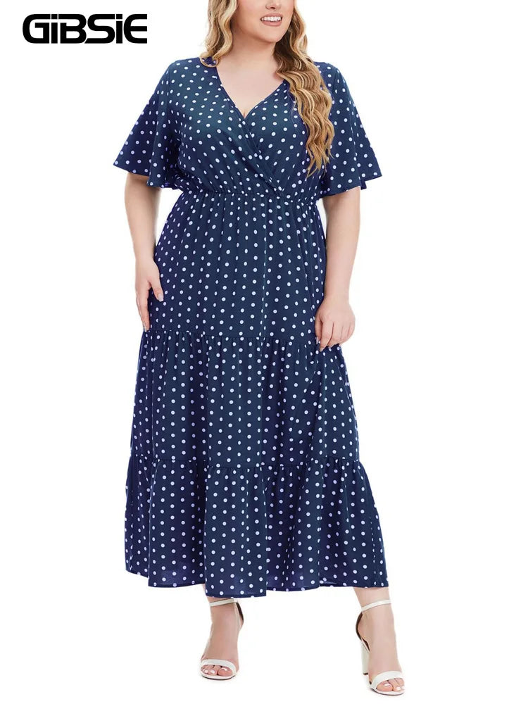 GIBSIE Plus Size Abito da donna a maniche corte con scollo a V a pois 2024 Vacation Beach Casual Ruffle Hem A-line Abiti estivi maxi