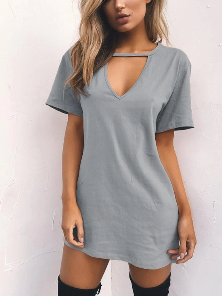 Sexy Elegant Dress Wrap Deep V Neck Cut Out Loose Dress Women Solid Color Short Sleeve Mini Dress Club Party Vestidos