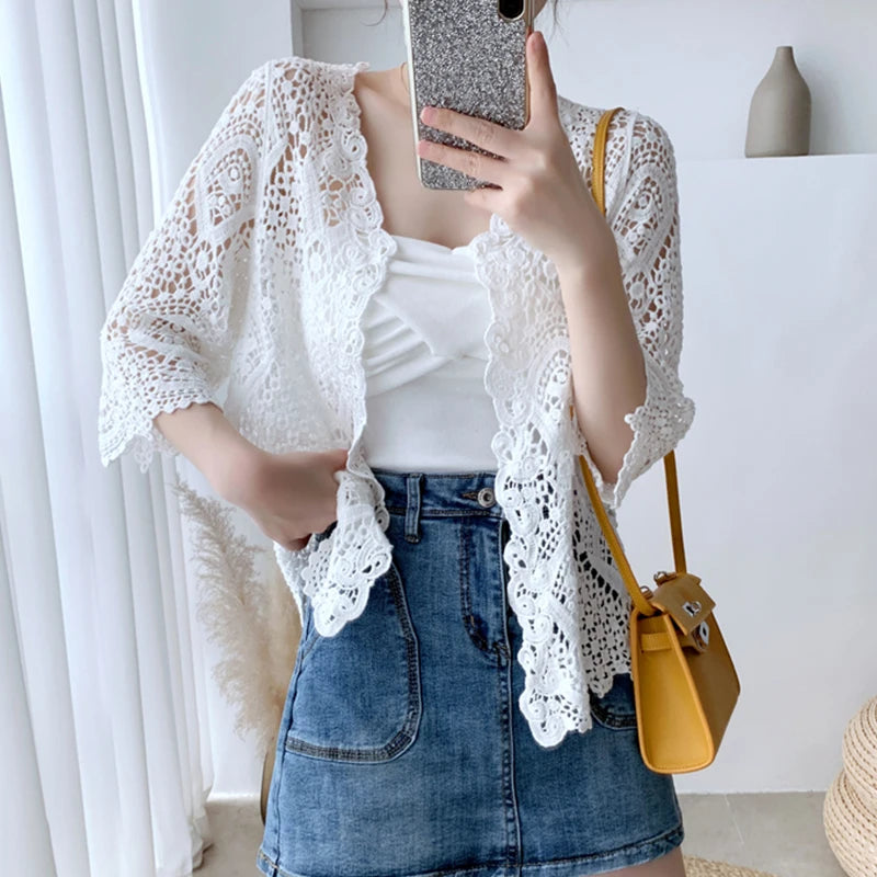 Shawl summer outerwear cardigan women's thin cut hollowed out knitted small jacket short cover up very fairy sun proof air-condi