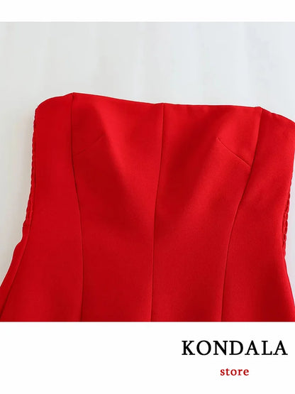 KONDALA Sexy Chic Red Party Long Dress Women Strapless Pleated Back Split Summer Dress Fashion 2023 Elegant Corset Women Dress