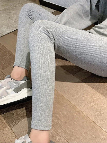 Autumn Gray Ribbed Leggings for Women 2024 New Soft Cotton Legging Slim Stretch Pants Women's High Waist Home Tights Bottoms