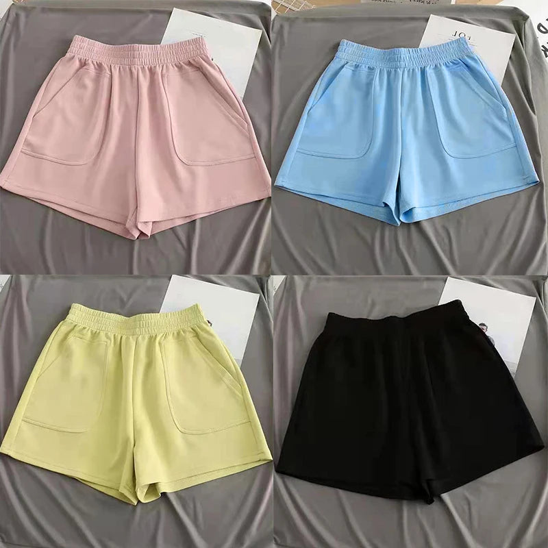 Women's Shorts With Pocket High Waist Hot Pants Casual Loose Sports Pants Elastic Waist Girls Cycling Shorts Summer Solid Color