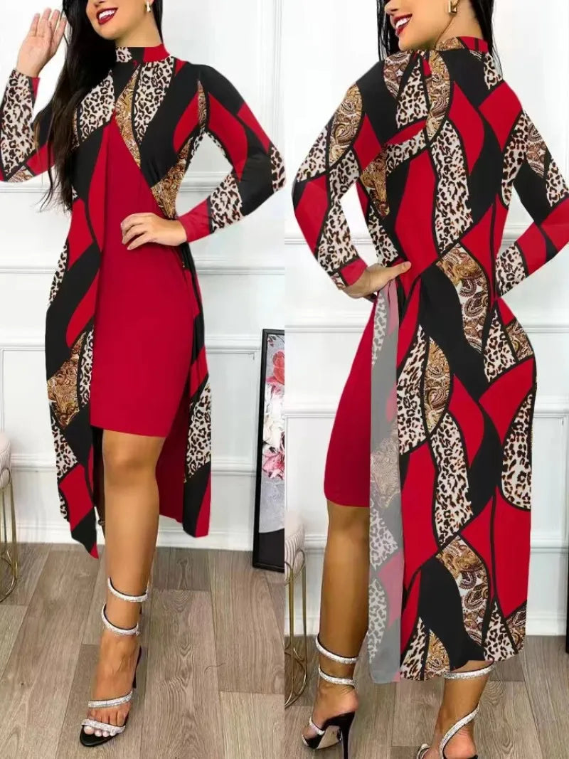 Women's Printed Slit Dress High Neck High Waist Hollow Long Sleeve Fashion Loose Casual Sexy Slit Asymmetrical Office Clothing