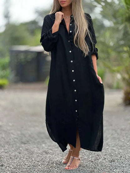 Elegant Women's Blue Cotton And Linen Collar Button Up Shirt Long Dress Women's Fashionable Casual Long Sleeved Cardigan Dresses