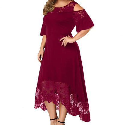 Plus Size Women Dress Flare Short Sleeve Cold Shoulder Embroidery Elegant Dress Party Lace Patchwork High-low Hem Dress Summer