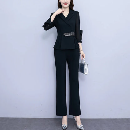 Fashion Oversize Women Pants Set For Spring Autumn 2023 New Elegant Slim Solid Turn Collar Office Lady 2 Pieces Outfits Pantsuit