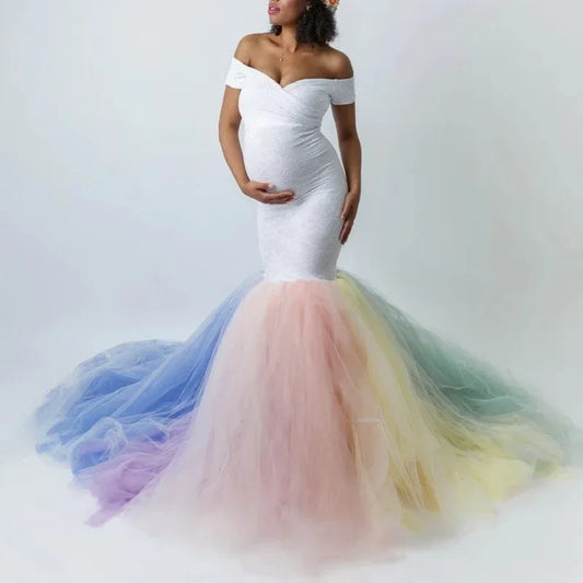 Rainbow Tulle Maternity Dress for Photoshoot Baby Shower Wedding Off-Shoulder Sweetheart Lace Mermaid Photography Gown w/ Train