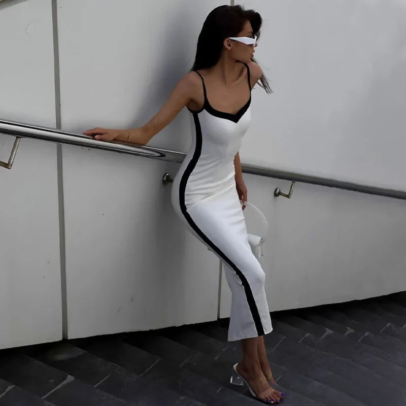 Women's Dress Summer Sexy Bodycon Solid Patchwork Spaghetti Strap Back Split Fashion Casual Elegant Female Slin Party Dress