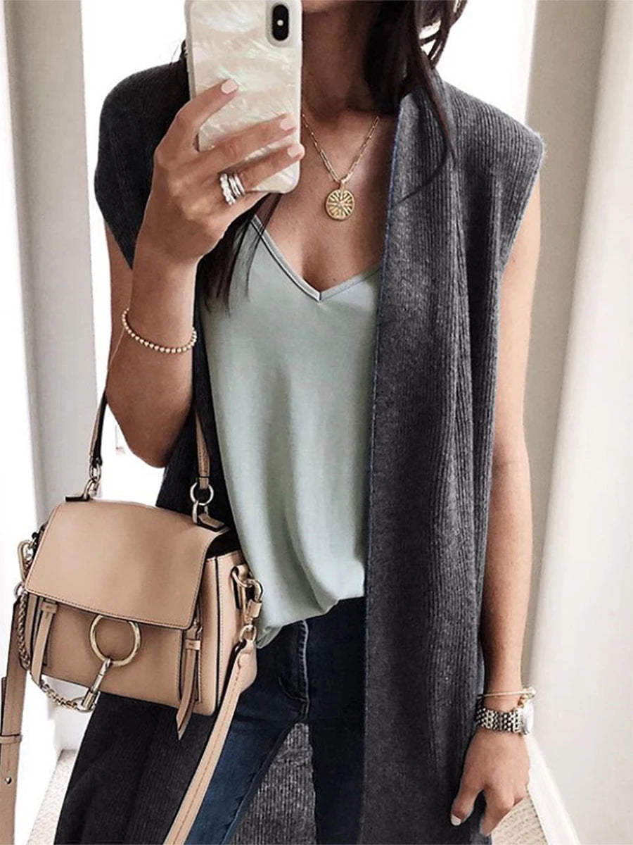 Women Sleeveless Open Front cardigan Solid color Loose lightweight Long Vest Outwear Gilet Casual Streewear