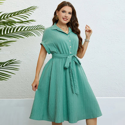 Plus Size Turn Down Collar Summer Dresses Women's Clothes Solid Elegant Casual Cute Ball Gown Midi Dress Wholesale Dropshipping