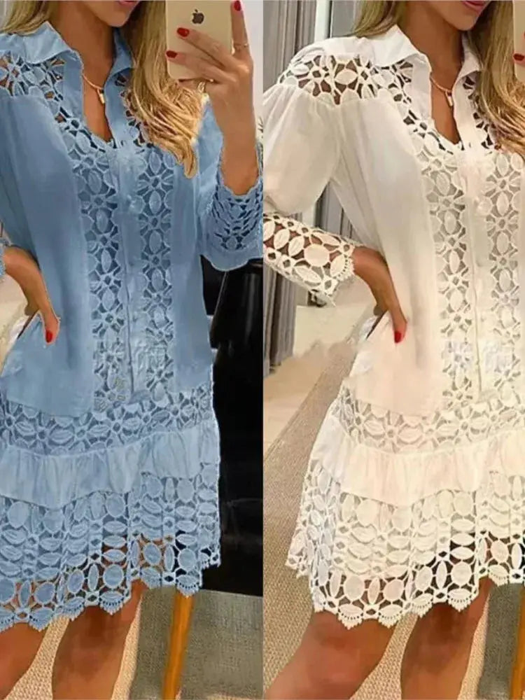 Women Lace Stitching Sexy Hollow Out Shirt Dress Elegant Office Lady Dress 2024 Spring Casual Long Sleeve White Green Dresses Sri sampi