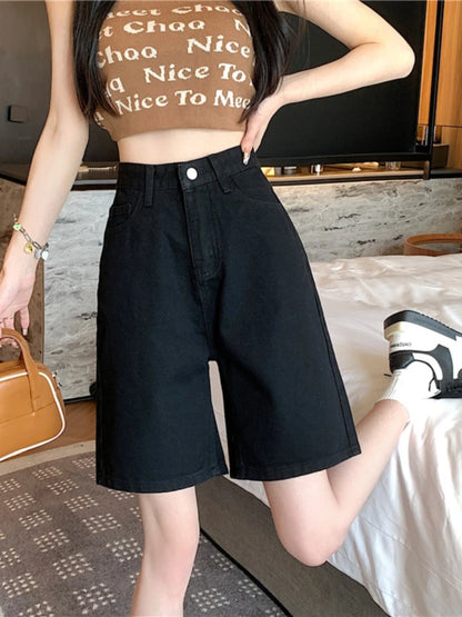 High Waist Shorts Women Summer Knee Length Pockets Casual Solid Simple Korean Style Streetwear School Trousers All-match Fashion