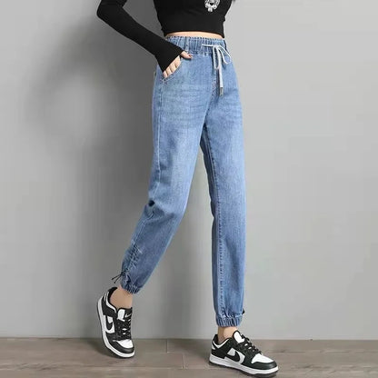 High Waist Drawstring Harem Baggy Jeans Women Spring Autumn All-match Streetwear Ankle Length Denim Trousers Casual Mom Jean New