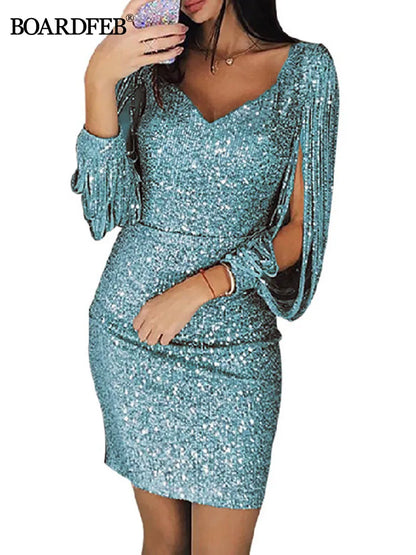 Women Sequin Dress Glitter Sparkle Sexy V Neck Summer Short Dress Tassel Shining Club Sheath Long Sleeve Mini Dress for Party