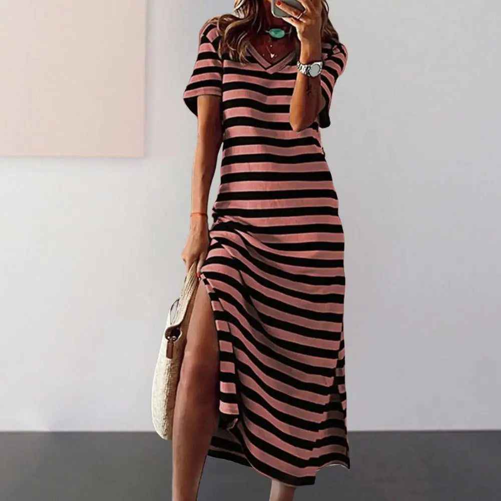 Abiti estivi 2023 Donna Abiti taglie forti per le donne Casual Stripe Stampa Scollo a V Manica corta Abito lungo allentato Robe Femme