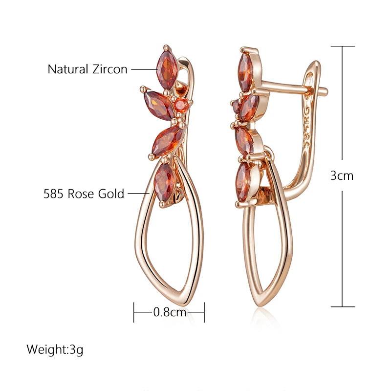 SYOUJYO Orange Red Natural Zircon Long Earrings For Women Fine Jewerly 585 Rose Gold Color Dangle Earrings