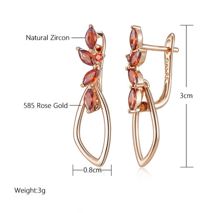 SYOUJYO Orange Red Natural Zircon Long Earrings For Women Fine Jewerly 585 Rose Gold Color Dangle Earrings