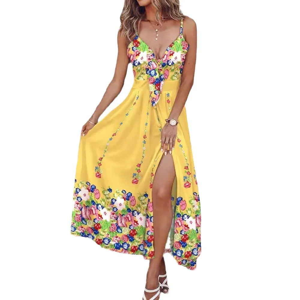 Summer Sexy Suspender V-neck Sleeveless Printed Dress For Women's Beach Slit Vacation Midi Dresses Y2k Clothes Lace Up Vestido