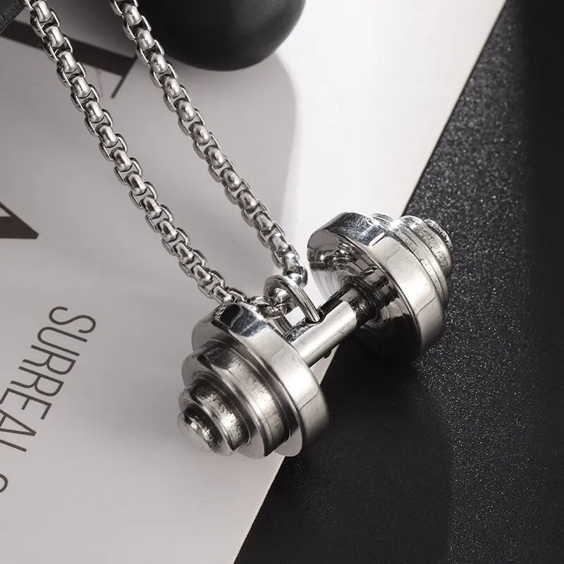 Stainless Steel Weightlifting Dumbbell Pendant Muscle Man Fitness Bodybuilding Barbell Necklace Women Gym Sports Jewelry